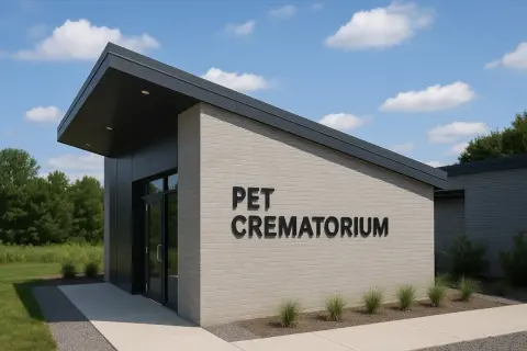 Nowoczesny budynek krematorium dla zwierząt. Zapytaj o piec do kremacji zwierząt cena.