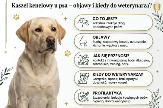 Labrador z objawami kaszlu kenelowego: suchy kaszel, kichanie, wypływ z nosa. Informacje o chorobie i profilaktyce.