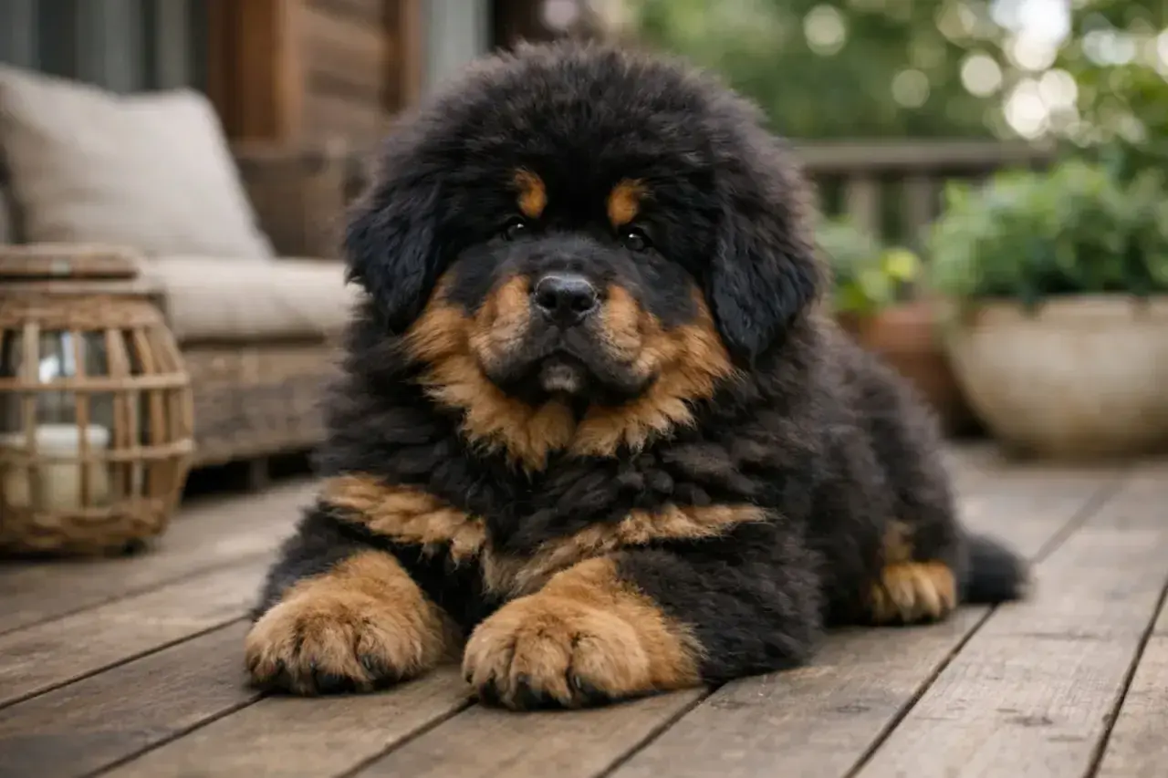 Uroczy szczeniak mastifa tybetańskiego leży na drewnianym tarasie. Zastanawiasz się nad mastif tybetański cena?