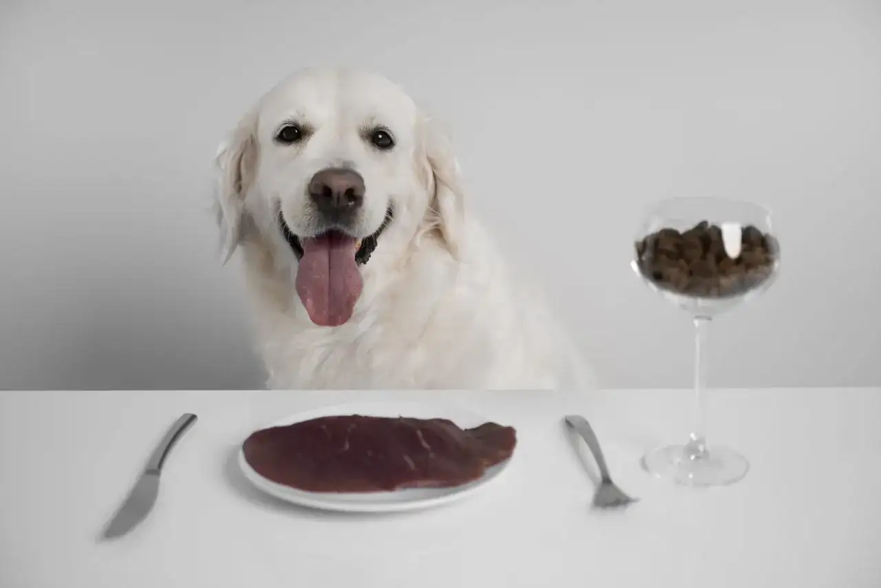 Złoty retriever z językiem na wierzchu patrzy na talerz z surowym mięsem, zastanawiając się, czy pies może jeść surowe mięso. Obok stoi kieliszek z karmą.