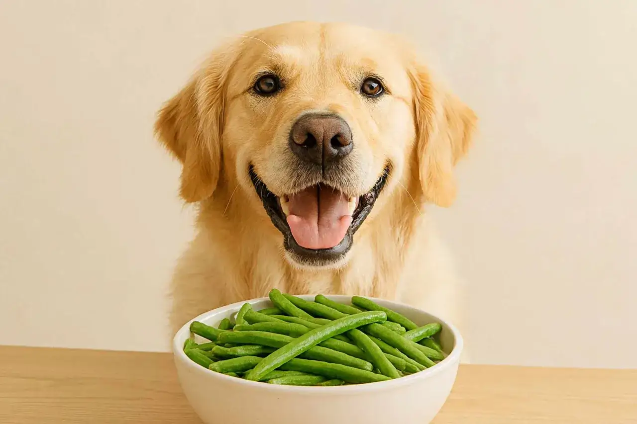 Uśmiechnięty golden retriever przed miską fasolki szparagowej. Czy pies może jeść fasolkę szparagową? Tak, w umiarkowanych ilościach.