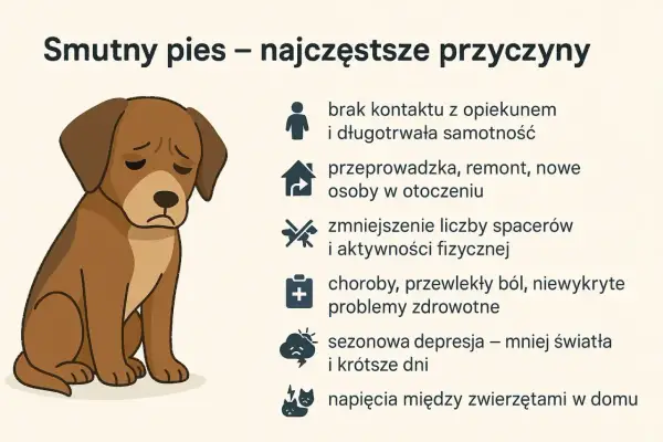Smutny pies z opuszczonymi uszami. Obrazek ilustruje przyczyny depresji u psa: samotność, zmiany, brak ruchu, choroby, sezonowość i konflikty.