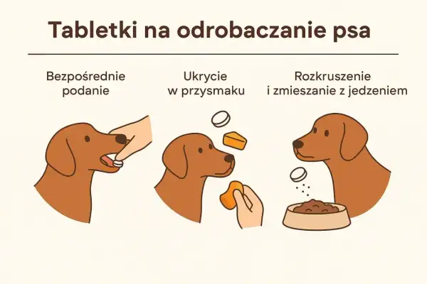 Jak podać psu tabletkę na odrobaczenie rano czy wieczorem? Trzy metody: bezpośrednio, w przysmaku lub rozkruszoną z jedzeniem.