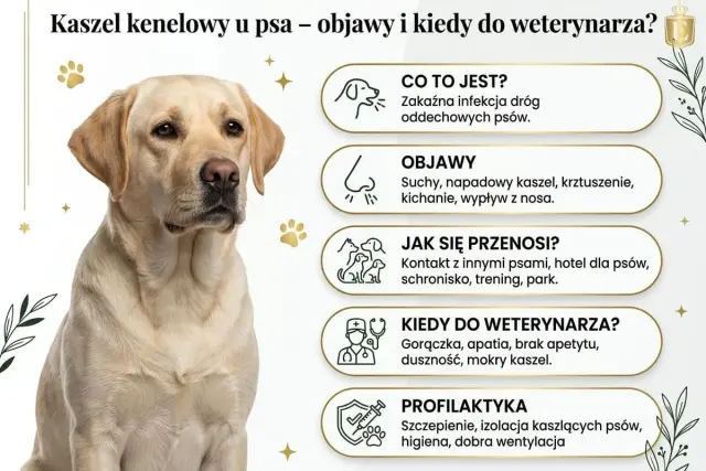 Labrador z objawami kaszlu kenelowego: suchy kaszel, kichanie, wypływ z nosa. Informacje o chorobie i profilaktyce.